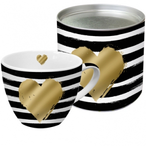 Big Mug GB Heart and Stripes real gold - Grote mok uit porselein met een gouden applicatie in een luxe bijpassende geschenkverpakking. Inhoud mok 0,45ltr.