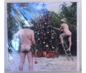 Kerstkaart - Christmas Tree with naked Couple - Text inside: Merry Christmas and a Happy New Year