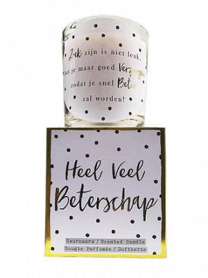 Giftbox - Heel veel beterschap - tekst glas: Zie foto glas - Jar Candle - Vanilla - Een heerlijke zachte vanille geur - Brandtijd: +/- 45 uur Formaat kaars : 72x80 mm - Formaat box: 80x90mm