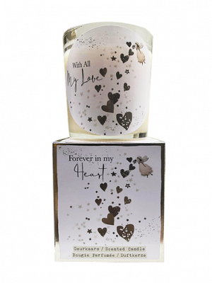 Giftbox - Forever in my heart - tekst glas: With all my heart - Jar Candle - Vanilla - Een heerlijke zachte vanille geur - Brandtijd: +/- 45 uur Formaat kaars : 72x80 mm - Formaat box: 80x90mm