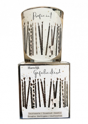 Giftbox - Hartelijk Gefeliciteerd - tekst glas: Proficiat - Jar Candle - Vanilla - Een heerlijke zachte vanille geur - Brandtijd: +/- 45 uur Formaat kaars : 72x80 mm - Formaat box: 80x90mm