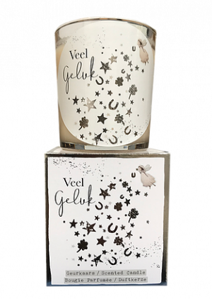 Giftbox - Veel Geluk - tekst glas: Veel geluk - Jar Candle - Vanilla - Een heerlijke zachte vanille geur - Brandtijd: +/- 45 uur Formaat kaars : 72x80 mm - Formaat box: 80x90mm