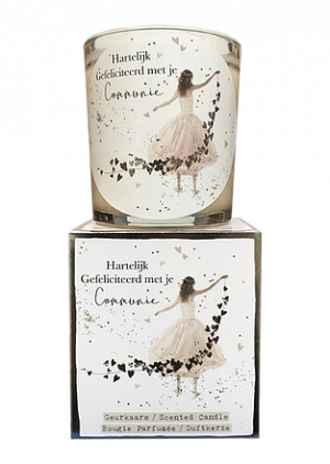 Giftbox - Communie - tekst glas: HG met je communie - Jar Candle - Vanilla - Een heerlijke zachte vanille geur - Brandtijd: +/- 45 uur Formaat kaars : 72x80 mm - Formaat box: 80x90mm