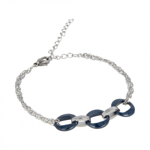 My Bendel - Godina - Mooie zilverkleurige schakelarmband van edelstaal met drie 12mm brede blauwe keramische ringen. Verstelbaar van 160mm tot 210mm. Blijft mooi, verkleurt niet en hypoallergeen.