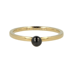 My Bendel - Godina - Goudkleurige edelstalen ring met zwarte keramieke bol. 1,5mm ring met 4mm bol. Blijft mooi, verkleurt niet en hypoallergeen. Maat 19