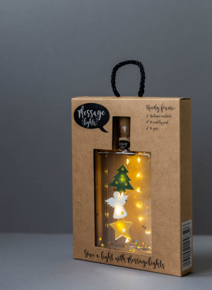 Message Lights - Kerst / Christmas - Leuk (pet) flesje met 6 ledlampjes, 3 vilten figuurtjes en gouden sterretjes - in leuke verpakking - kan als brievenbuspost verstuurd worden -
