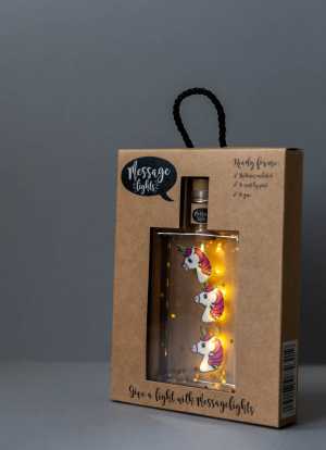 Message Lights - Eenhoorn / Unicorn - Leuk (pet) flesje met 6 ledlampjes, 3 vilten figuurtjes en gouden sterretjes - in leuke verpakking - kan als brievenbuspost verstuurd worden -