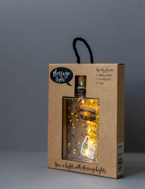 Message Lights - Verhuizen / Moving - Leuk (pet) flesje met 6 ledlampjes, 3 vilten figuurtjes en gouden sterretjes - in leuke verpakking - kan als brievenbuspost verstuurd worden -