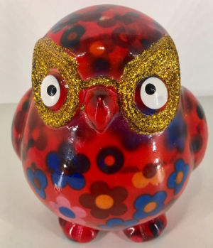 Petit-Pidou Owlets - Mini Moneybank - Red with Flowers