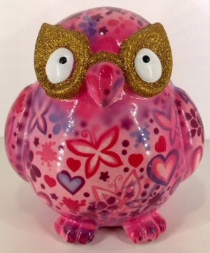 Errol - Moneybank Owl - Pink with Hearts