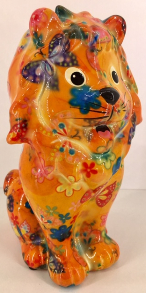 Leo Moneybank Lion - Orange with Flowers and Butterflies