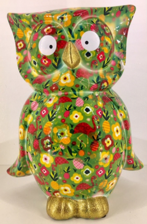 Big Bo Moneybank Owl XL - Green with Flowers