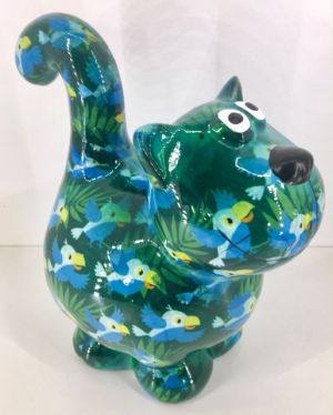 Dorothy Moneybank Cat - Green with Blue Birds