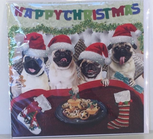 Kerstkaart - Happy christmas Pugs - Text inside: Merry Christmas an a Happy New Year