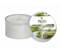 Tin Candle - White Musk - Deze zoete, zachte geur combineert de zachte schil van amandelen met zijdezachte tonen van witte musk - Brandtijd: +/- 30 uur Formaat: 66 × 42 mm -