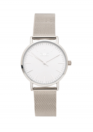 Horloge uit de ROSE-serie - Silver - Kast 32 x 9 mm, Zilverkleurig, witte wijzerplaat. 3 ATM waterdicht, kras vast mineraal glas, RVS mesch band, 2 jaar garantie op japans quarts uurwerk