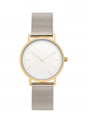Horloge uit de ROSE-serie - Silver/Gold - Kast 32 x 9 mm, Goudkleurig, witte wijzerplaat. 3 ATM waterdicht, kras vast mineraal glas, RVS mesch band, 2 jaar garantie op japans quarts uurwerk