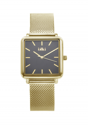 Horloge uit de Tenzin-serie - Gold/Black - kast 30x30x8mm, goudkleurig, zwarte wijzerplaat. 3ATM waterdicht, kras vast mineraal glas, RVS mesch band, 2 jaar garantie op japans quarts uurwerk