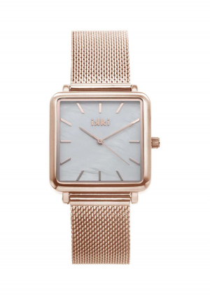 Horloge uit de Tenzin-serie - Rose/Pearl - kast 30x30x8mm, rosekleurig, parelmoer wijzerplaat. 3ATM waterdicht, kras vast mineraal glas, RVS mesch band, 2 jaar garantie op japans quarts uurwerk