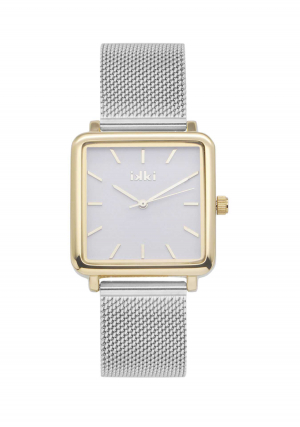 Horloge uit de Tenzin-serie - Silver/Gold - kast 30x30x8mm, Goudkleurig, zilverkleurige wijzerplaat. 3ATM waterdicht, kras vast mineraal glas, RVS mesch band, 2 jaar garantie op japans quarts uurwerk